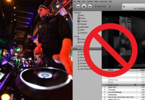 A DJ is mixing music at a turntable. A large red prohibition symbol is overlaid on a computer screen showing a music library interface.
