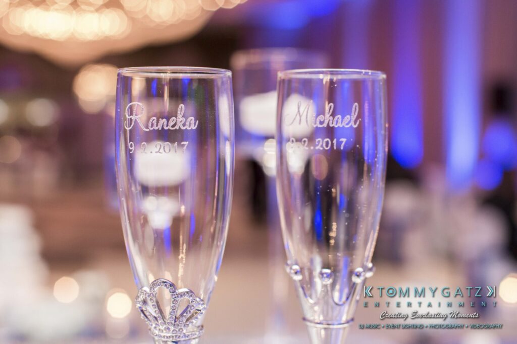 Two engraved champagne flutes with names "Raneka" and "Michael" and date "9.2.2017.
